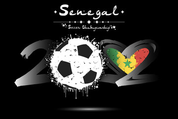 Number 2022, consisting of a soccer ball instead of a zero and a heart in the colors of the flag of Senegal, formed from two twos looking at each other. Vector illustration on isolated background