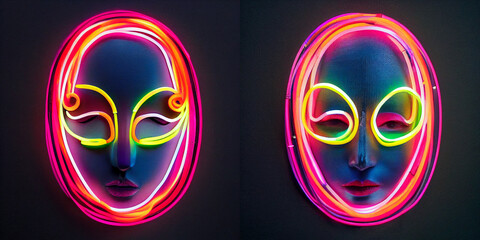 Fototapeta Neon futuristic carnival mask on black background collection obraz
