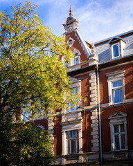 red brick tenement building next to a a tree, and with blue sky, european city building, kamienica © Lukasz Czajkowski