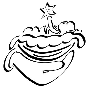 recommend clip art: newborn baby Jesus pulls the hand of the smiling star, lying in the manger in the hand of God, black outline