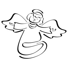 singing angel of God with wings and a halo, black outline on white
