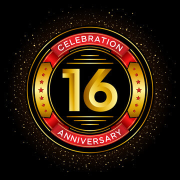 16th anniversary celebration with red ribbon isolated on black background, vector design