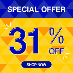 31% percent discoint special offer tag oranje and blue background shop now	