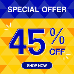 45% percent discoint special offer tag oranje and blue background shop now	