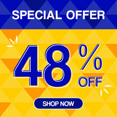 48% percent discoint special offer tag oranje and blue background shop now	