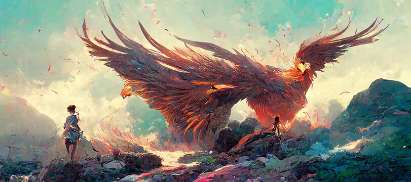 an anthropomorphic phoenix warrior standing heroically Digital Art Illustration Painting Hyper Realistic Concept Art 