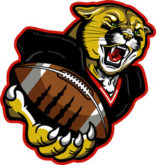 angry cougar mascot holding football for school, college or league