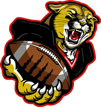 angry cougar mascot holding football for school, college or league