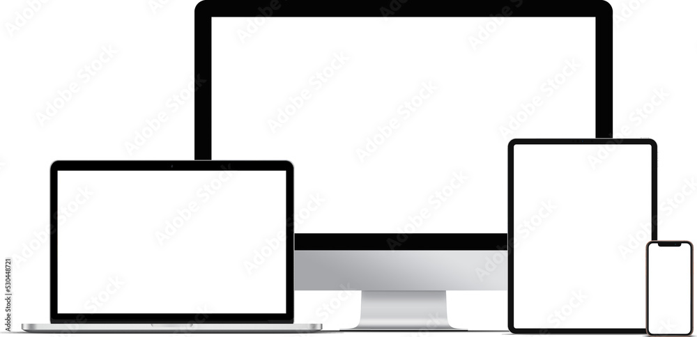 Wall mural multiple desktop devices with blank screen for responsive layout mockup