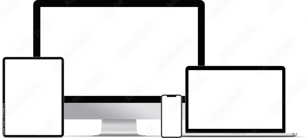 Wall mural multiple desktop devices with blank screen for responsive layout mockup