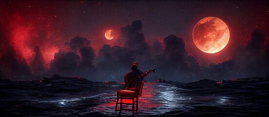 mysterious man sitting on a chair playing the cello Digital Art Illustration Painting Hyper Realistic Concept Art  - obrazy, fototapety, plakaty