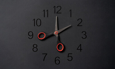 creative layout of hour clock made of scissors on pastel background