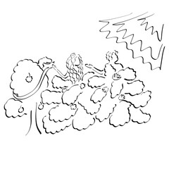 Adam and Eve, having committed a sin, hid themselves from God. Adam blames Eve and she is the snake, black outline