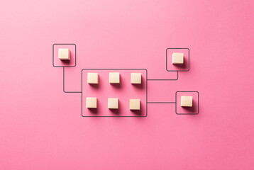 business logic algorithm, lines connect between wooden cubes, creative concept