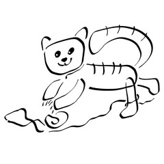 little funny kitten tangled in threads playing with a ball of yarn, black child's drawing