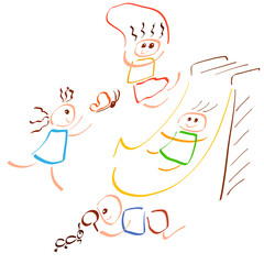 funny childish drawing, happy children playing and exploring the world on the playground