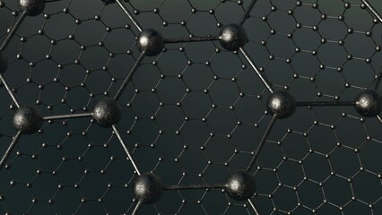 Spheres shredded into fine hexagonal atoms of metallic roasted silver under dark background. Concept 3D CG of strength analysis, blockchain information technology and social human relations.