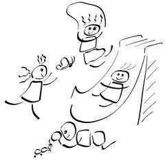 funny childish drawing, happy children playing and exploring the world on the playground, black pattern