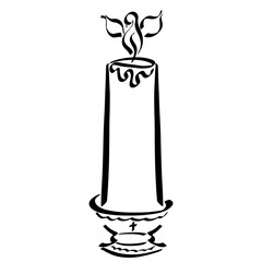 candle on a candlestick with a cross, a flame in the form of a bird, a black outline on a white background