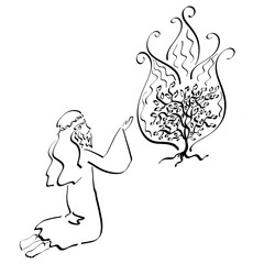 barefoot Moses kneels in front of a fireproof bush, black outline