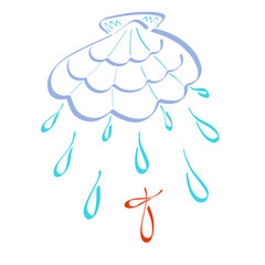 seashell from which dripping blue drops of water and red drops in the form of a cross, abstract colorful pattern on a white background