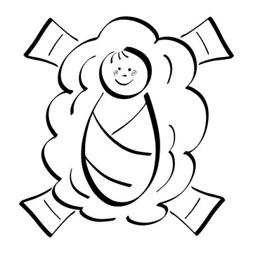 recommend clip art: cute happy baby Jesus lies in diapers in a manger on the hay, black outline