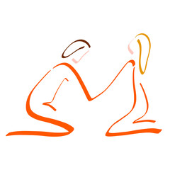 young couple, man and woman praying to God together, kneeling and holding hands, abstract colorful sketch on white background - obrazy, fototapety, plakaty