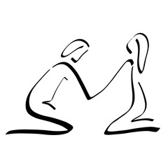 young couple, man and woman praying to God together, kneeling and holding hands, black abstract sketch on white background