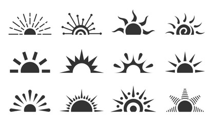 Half sun flat icon set. Sunrise sunset logo isolated on white. Various shape sunshine star. Cartoon summer sunlight nature sky. Simple graphic solar circle sign. Sunny heat rays weather app symbol