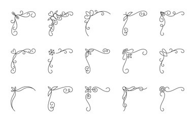 Black vintage corner set on white. Thin line elegant retro victorian decorative art element for wedding invitation, greeting card. Classic doodle floral swirl pattern corners for decoration design