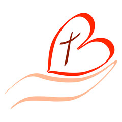 red heart with a brown Christian cross inside lies on the palm, a colorful symbol on a white background