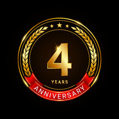 4 years anniversary, golden anniversary celebration logotype with red ribbon isolated on black background, vector illustration