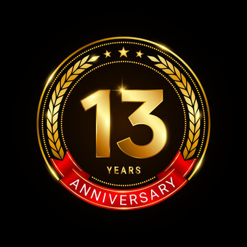 13 years anniversary, golden anniversary celebration logotype with red ribbon isolated on black background, vector illustration