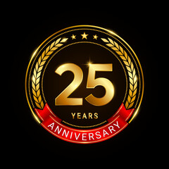 25 years anniversary, golden anniversary celebration logotype with red ribbon isolated on black background, vector illustration