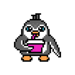 Penguin drinking beverage through a straw, pixel art animal character isolated on white background. Old school retro 80's-90's 8 bit slot machine, 2d video game graphics. Cartoon mascot.