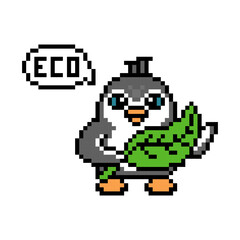 Penguin holding a big green leaf, cute pixel art animal character isolated on white background. Retro 80's-90's 8 bit slot machine, 2d video game graphics. Cartoon eco-friendly product mascot.