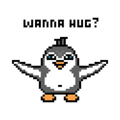 Penguin with spread hands and "Wanna hug?" text, pixel art animal character isolated on white background. Old school retro 80s-90s 8 bit slot machine, video game graphics. Cartoon friend support print