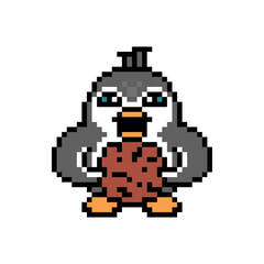 Obraz premium Penguin eating oatmeal chocolate cookie, cute pixel art animal character isolated on white background. Old school retro 80s, 90s 8 bit slot machine, video game graphics. Cartoon bakery mascot.
