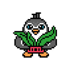 Penguin holding a potted houseplant, cute pixel art animal character isolated on white background. Old school retro 80's-90's 8 bit slot machine, 2d video game graphics. Cartoon bird mascot.