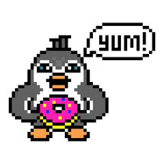 Obraz premium Happy penguin eating pink sprinkled donut and saying 