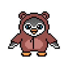 Penguin in a bear kigurumi costume, cute pixel art animal character isolated on white background. Old school retro 80s, 90s 8 bit slot machine, computer, video game graphics. Cartoon kid party mascot.