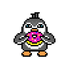 Penguin eating pink sprinkled doughnut, cute pixel art animal character isolated on white background. Old school retro 80s, 90s 8 bit slot machine, video game graphics. Cartoon fast food mascot.