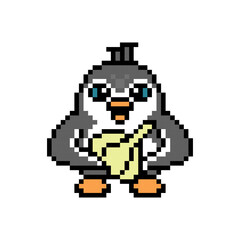 Penguin holding a garlic head (bulb, knob), cute pixel art animal character isolated on white background. Old school retro 80's-90's 8 bit slot machine, 2d video game graphics. Cartoon cook mascot.