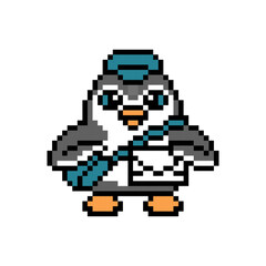 Fototapeta premium Penguin postman in a cap with a bag delivering a letter, pixel art animal character isolated on white background. Old school retro 80s, 90s 8 bit slot machine, 2d video game graphics. Cartoon mascot.