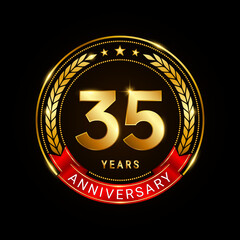 35 years anniversary, golden anniversary celebration logotype with red ribbon isolated on black background, vector illustration