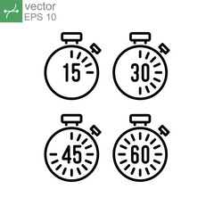 stopwatch set for every 15 minutes icon. countdown analog timer deadline Set. Clock dial with showing minute in four style can be use for app. vector illustration. Design on white background. EPS 10