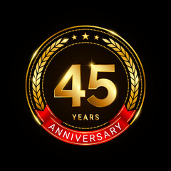 Fototapeta premium 45 years anniversary, golden anniversary celebration logotype with red ribbon isolated on black background, vector illustration