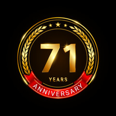 71 years anniversary, golden anniversary celebration logotype with red ribbon isolated on black background, vector illustration