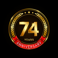 Fototapeta premium 74 years anniversary, golden anniversary celebration logotype with red ribbon isolated on black background, vector illustration