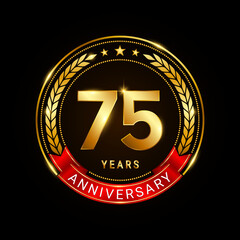 75 years anniversary, golden anniversary celebration logotype with red ribbon isolated on black background, vector illustration